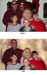 Family snapshot, dad with sunglasses,touchup on scaring below HIS right eye and had a busy background.